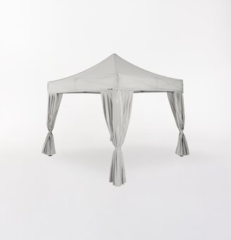 Grey Ecotent® pop-up gazebo with elegant corner curtains tied back.